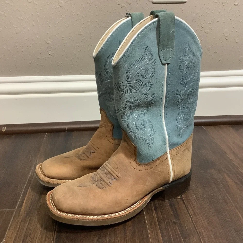 Cody James Youth Western Boots Tan Leather Blue Suede Square Toe Size 2.0D